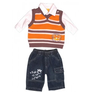 Jungle Rumble Baby Boy Stripe Knit Vest, White Shirt and Denim Jeans Set